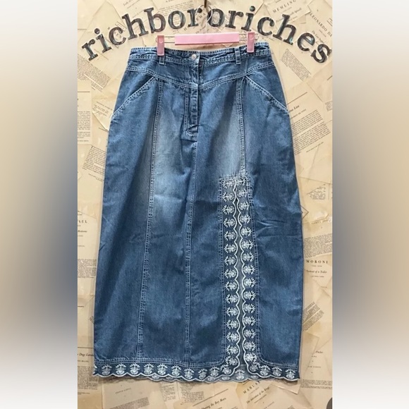 Free People Kora Set Denim Off The Shoulder Top Skirt Embroidered Trim Blue - Picture 7 of 9